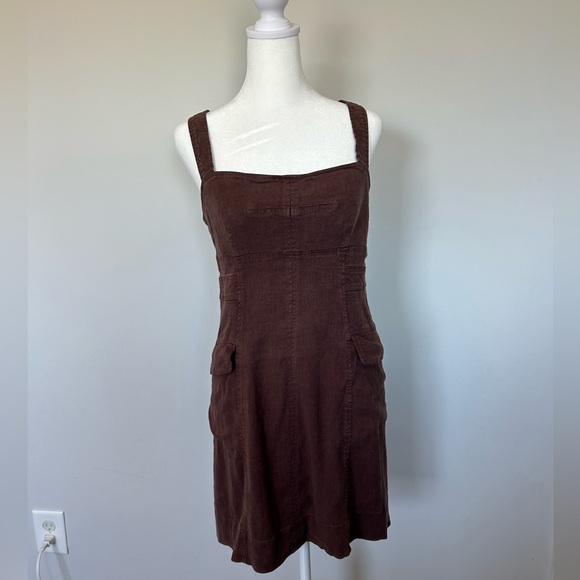 NWT Anthropologie dark brown square neck cargo dress linen blend size 10 - Picture 4 of 13